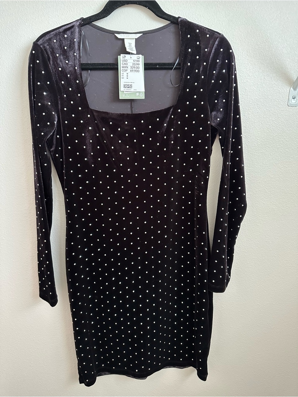 H&M Velvet Polka Dot Long-Sleeve Dress - Black